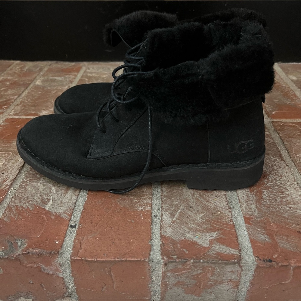 UGG Black Suede Lace-Up Shearling Cuff Ankle Boots